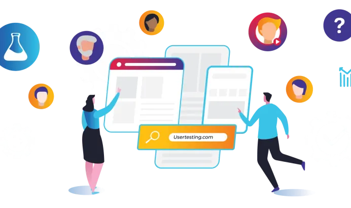 A man and a woman checking user testing tools