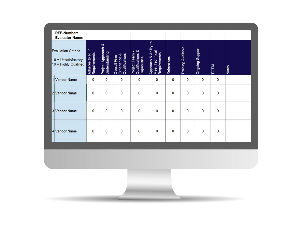 RFP scoring spreadsheet on desktop