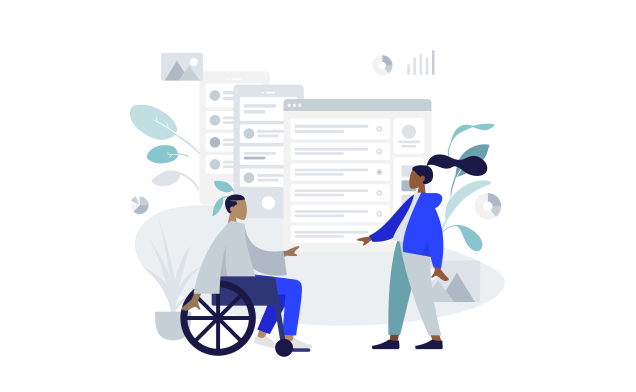 Illustration of a man in a wheelchair and a woman reaching out with website wireframes in the background