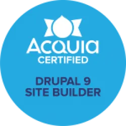 badge for Drupal 9 Site Builder , blue with Acquia logo 