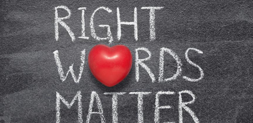 A blackboard with the words "Right Words Matter" written in chalk