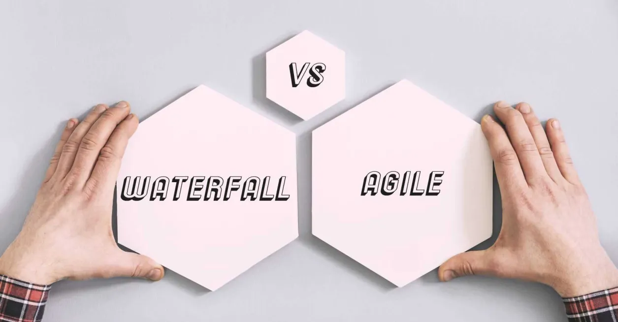 3 hexagons with the words Waterfall vs. Agile