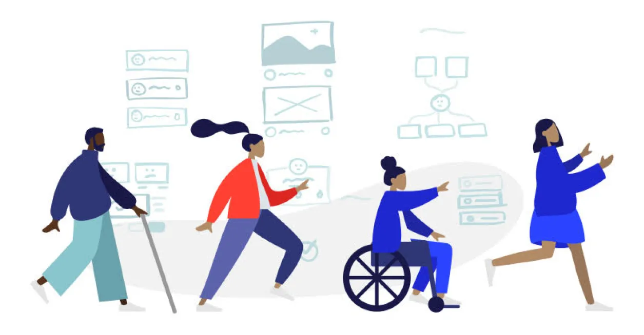 Four figures representing disabilities, proceeding in a row with website wireframes in the background.