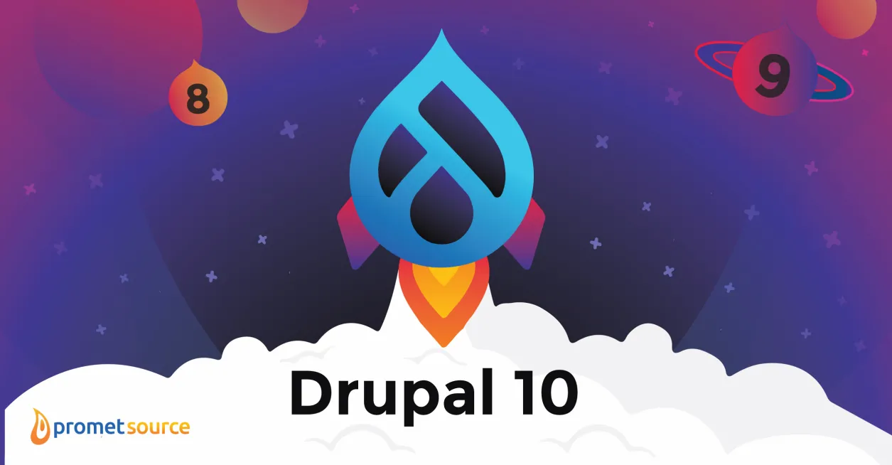 Drupal 10 in the sky surrounded by Drupal 8 and Drupal 9 logos