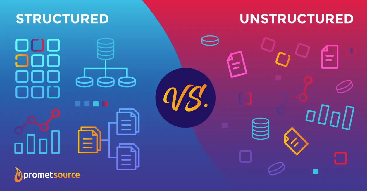 Structured vs unstructured data on a blue and pink background