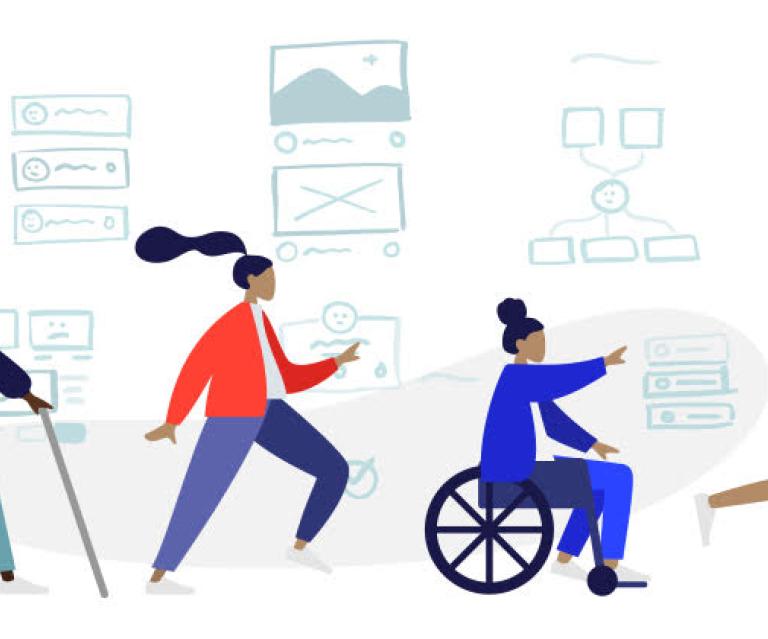 Four figures representing disabilities, proceeding in a row with website wireframes in the background.