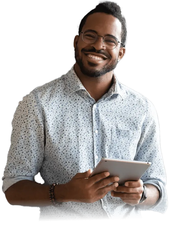 Person smiling holding ipad