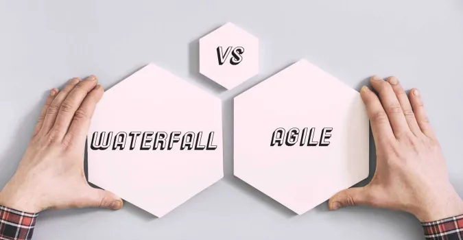 3 hexagons with the words Waterfall vs. Agile