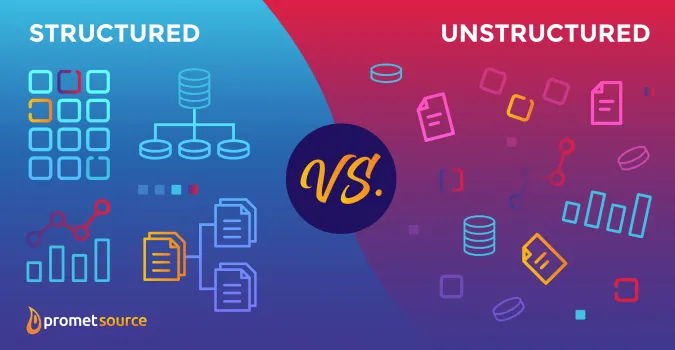 Structured vs unstructured data on a blue and pink background