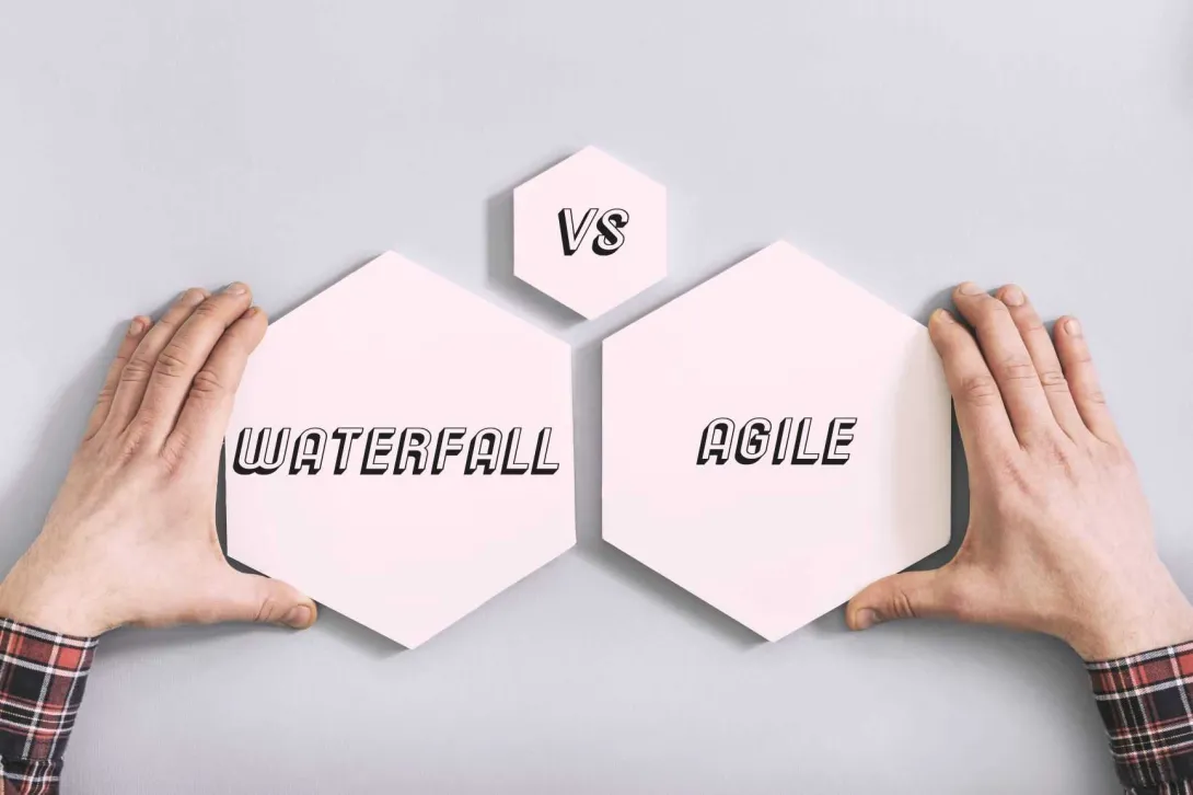 3 hexagons with the words Waterfall vs. Agile