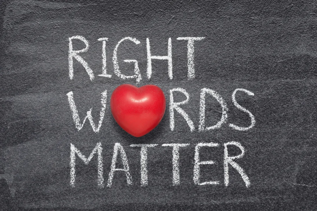 A blackboard with the words "Right Words Matter" written in chalk