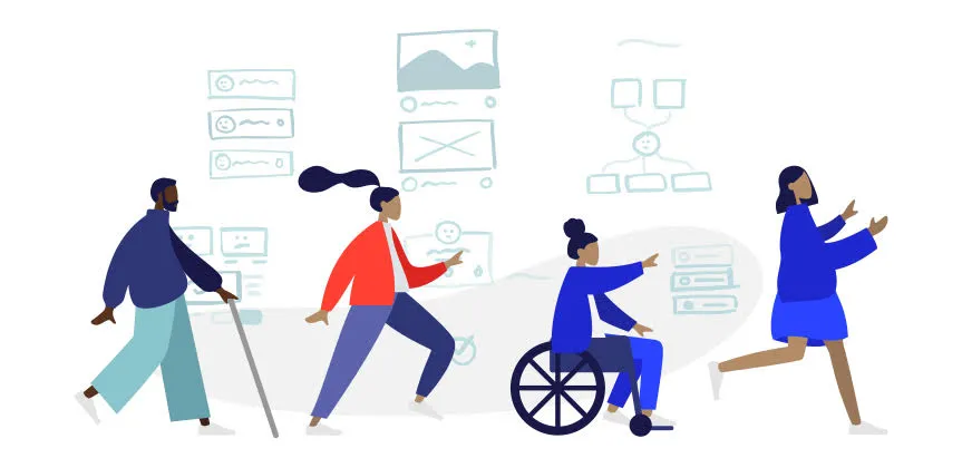 Four figures representing disabilities, proceeding in a row with website wireframes in the background.