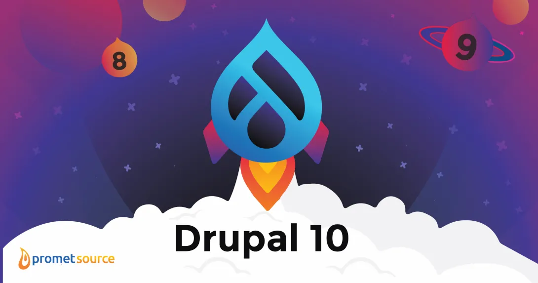 Drupal 10 in the sky surrounded by Drupal 8 and Drupal 9 logos