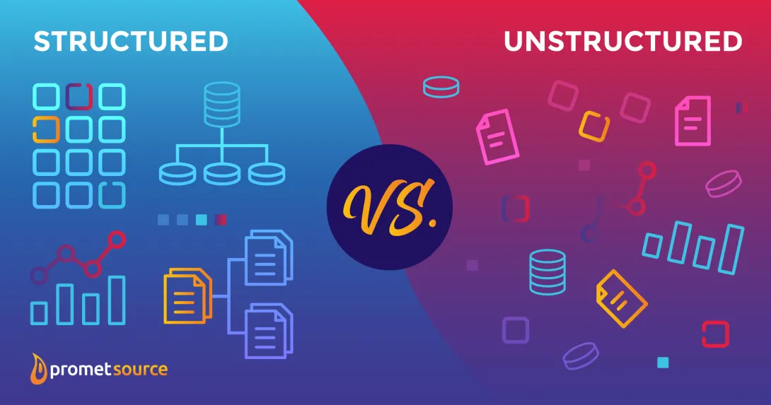 Structured vs unstructured data on a blue and pink background