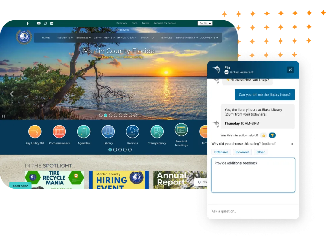 Screen of Martin County Florida Library website and the AI-Conversational chatbot "Fin".