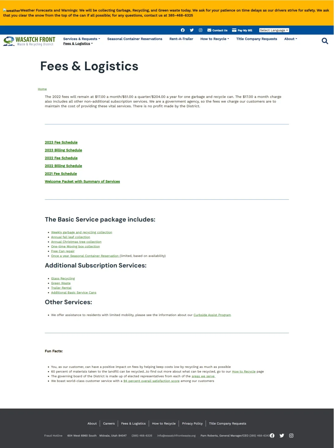 Wasatch Front Waste & Recycling District fees and logistics