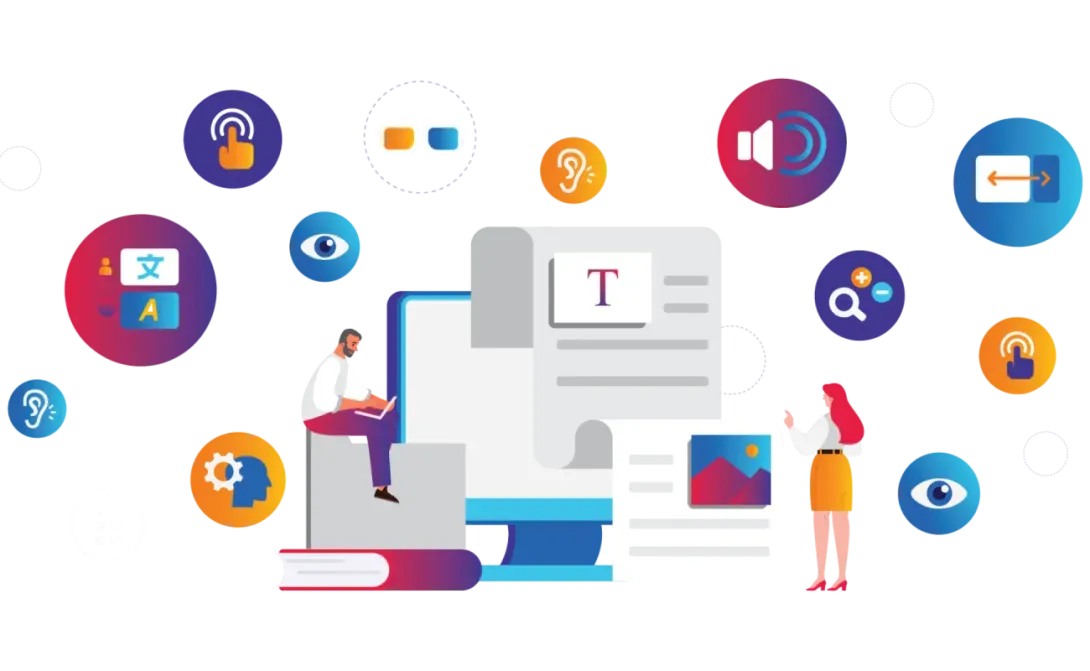 Digital graphic with diverse accessibility icons and two people interacting with a large screen.