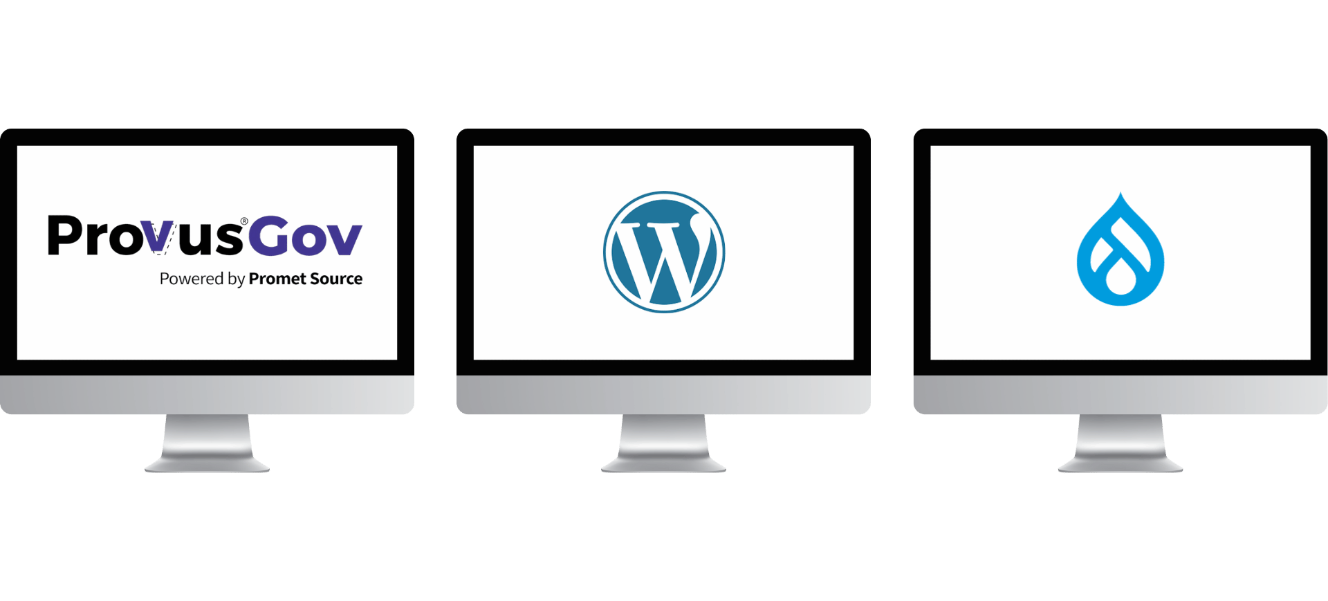 Provus®Gov, WordPress, and Drupal logos